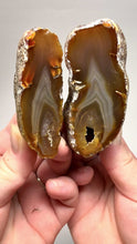 Load and play video in Gallery viewer, Indonesian Sumatra Agate Pair – Vibrant Banded Chalcedony with Rich Color Zoning | Ethical Lapidary &amp; Collector Display Specimens
