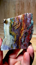 Load and play video in Gallery viewer, PREMIUM DISPLAY or LAPIDARY SLAB • Moroccan “Dream Landscape Jagate” (Purple, Teal, Red, Green, Red, Yellow &amp; Orange Moss Plume Agate + Jasper) Stone • Double Sided • High Atlas Mountains • Unpolished

