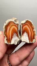 Load and play video in Gallery viewer, High-Grade Indonesian Sumatra Agate Pair – Vibrant Banded Chalcedony with Rich Color Zoning | Ethical Lapidary &amp; Collector Display Specimens
